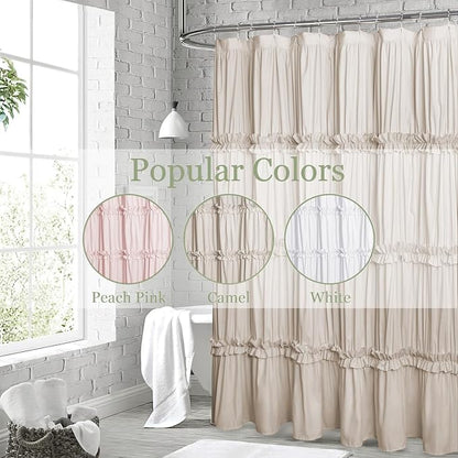 Farmhouse Ruffle Shower Curtain, Camel, 72 x 72 in | Decorative Elegant Bathroom Curtain with 12 Holes, Soft Ruched Microfiber Fabric, Vintage Handmade Design