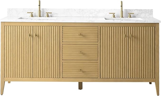 HOMEBEYOND 72" Bathroom Vanity with Double Sink, Solid Wood Bathroom Vanity Free-Standing Cabinet, Ceramic Top & Soft Closing Door, Golden Brushed Handware,Natural Oak