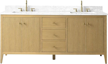 HOMEBEYOND 72" Bathroom Vanity with Double Sink, Solid Wood Bathroom Vanity Free-Standing Cabinet, Ceramic Top & Soft Closing Door, Golden Brushed Handware,Natural Oak