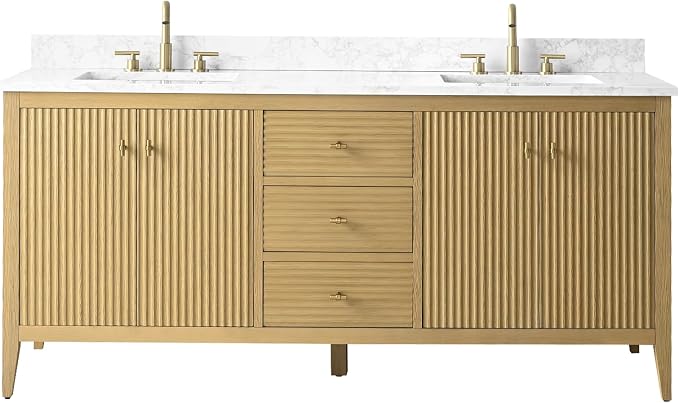Vanity Art 72 inch Bathroom Vanity with Double Sink & Ceramic Top, Vanity Cabinet with Soft-Closing Door, Solid Wood Frame, Linear Pattern, Natural Oak, Golden Brushed Handware VA9172-DNO-GB