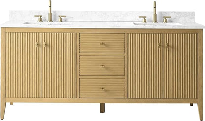 Vanity Art 72 inch Bathroom Vanity with Double Sink & Ceramic Top, Vanity Cabinet with Soft-Closing Door, Solid Wood Frame, Linear Pattern, Natural Oak, Golden Brushed Handware VA9172-DNO-GB