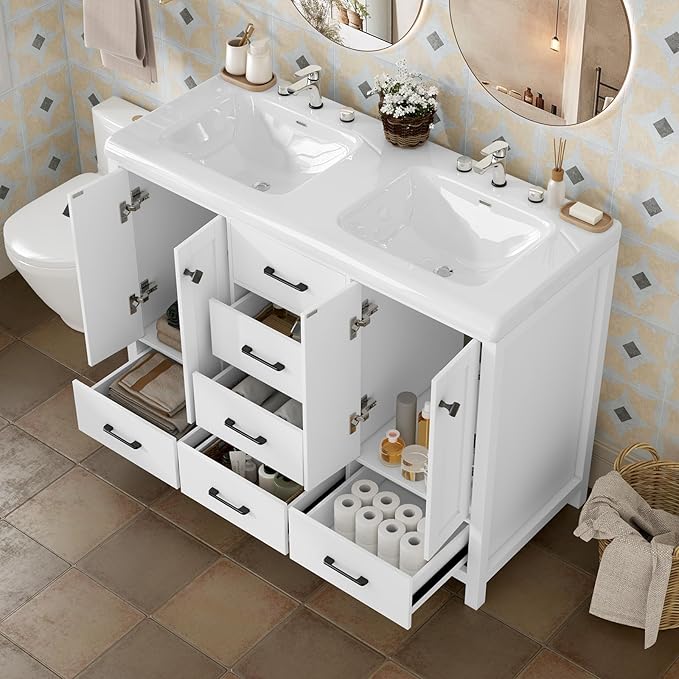 46.7 inch Bathroom Sink Vanity Combo, Large Freestanding Double Bath Vanity Sink Set with 2 Cabinets & 5 Drawers, Dual Basin Modern Bathroom Storage Cabinet, Modern White