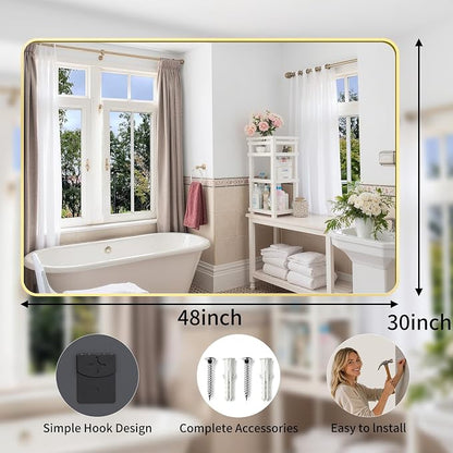 Bathroom Mirror for Wall, 30"x48" Black Bathroom Mirror for Over Sink, Shatterproof Tempered Glass Vanity Mirror with Anti-Rust Aluminum Alloy Frame, Hang Horizontally or Vertically, Gold