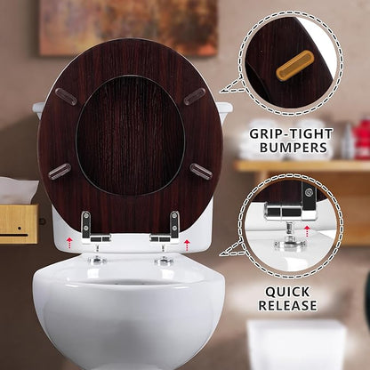 Round Toilet Seat Molded Wood Toilet Seat with Quietly Close and Quick Release Hinges, Easy to Install also Easy to Clean by Angol Shiold (Round, Dark Brown)