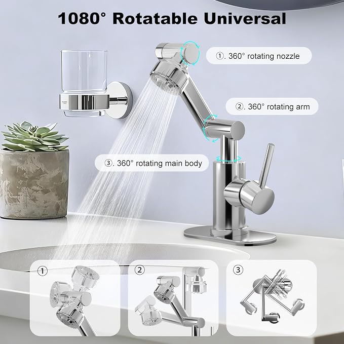 1080° Rotatable Bathroom Faucet, Chrome SUS304, Dual Spray Modes | Universal Height Adjustable Faucet for Farmhouse Sink, Vanity, Washbasin & RV, Single/3-Hole, Anti-Splash Easy Install