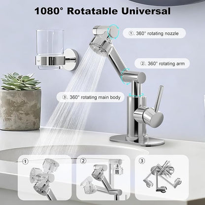 1080° Rotatable Bathroom Faucet, Chrome SUS304, Dual Spray Modes | Universal Height Adjustable Faucet for Farmhouse Sink, Vanity, Washbasin & RV, Single/3-Hole, Anti-Splash Easy Install