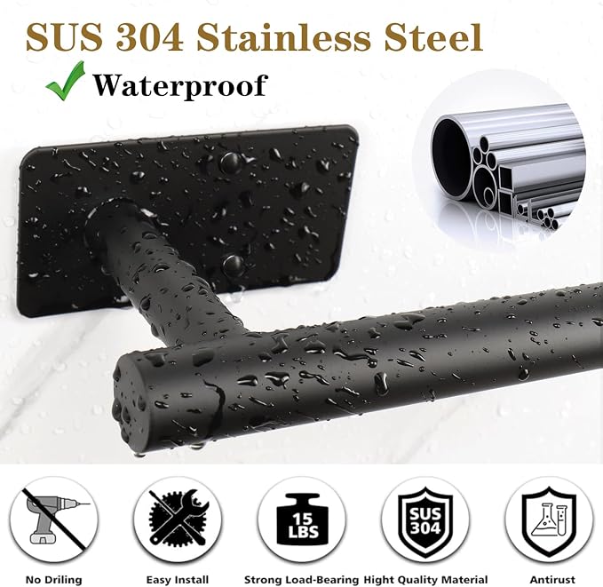 5 PCS Self Adhesive Bathroom Hardware Set, Stainless Steel Towel Rack Set Include Adjustable 24In Bath Towel Bar+Toilet Paper Holder+3 Towel/Robe Hooks Bathroom Accessory(Matte Black)