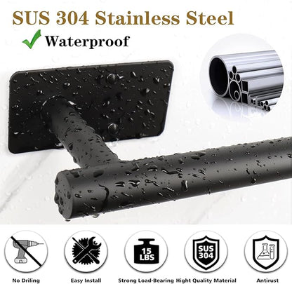 5 PCS Self Adhesive Bathroom Hardware Set, Stainless Steel Towel Rack Set Include Adjustable 24In Bath Towel Bar+Toilet Paper Holder+3 Towel/Robe Hooks Bathroom Accessory(Matte Black)