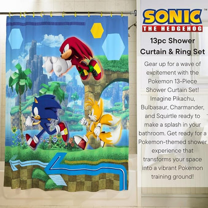 Sonic Anime 13-Piece Shower Curtain Set, 72 x 72 Inch Fabric Curtain with Hooks, Bathroom Decor, Machine Washable, (100% Officially Licensed Product) by Franco Collectibles