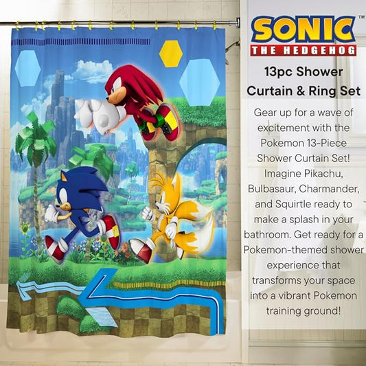 Sonic Anime 13-Piece Shower Curtain Set, 72 x 72 Inch Fabric Curtain with Hooks, Bathroom Decor, Machine Washable, (100% Officially Licensed Product) by Franco Collectibles