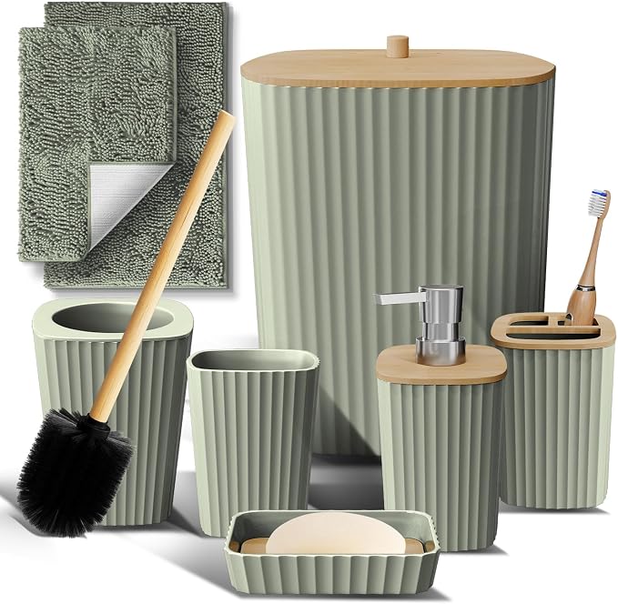 Clara Clark Bathroom Set - Sage Green Bathroom Accessories Set, 6PC Bathroom Accessory Set, Bathroom Sets with Bathroom Rugs, Toilet Brush, Trash Can & Soap Dispenser