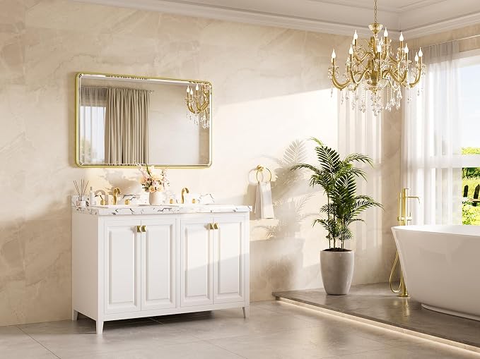 Brushed Gold Mirrors for Over Sink 48 x 30 Beveled Edge Tempered Glass, Rounded Corner Rectangle Framed Mirror for Modern Bathroom, Living Room, Bedroom, Entryway