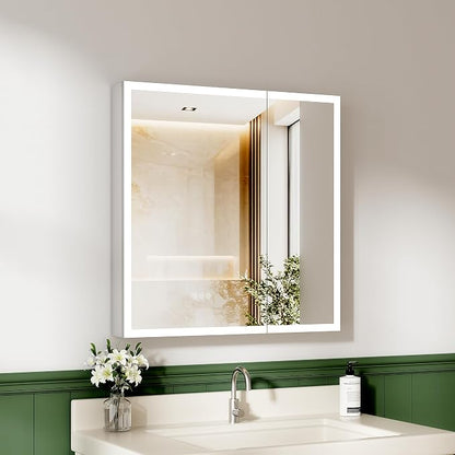 LED Lighted Medicine Cabinet with Mirror, 30x32 Inches, Recessed or Wall Mounted, Anti-Fog, 3 Color Temperature, Adjustable Brightness, Bathroom Storage Cabinet