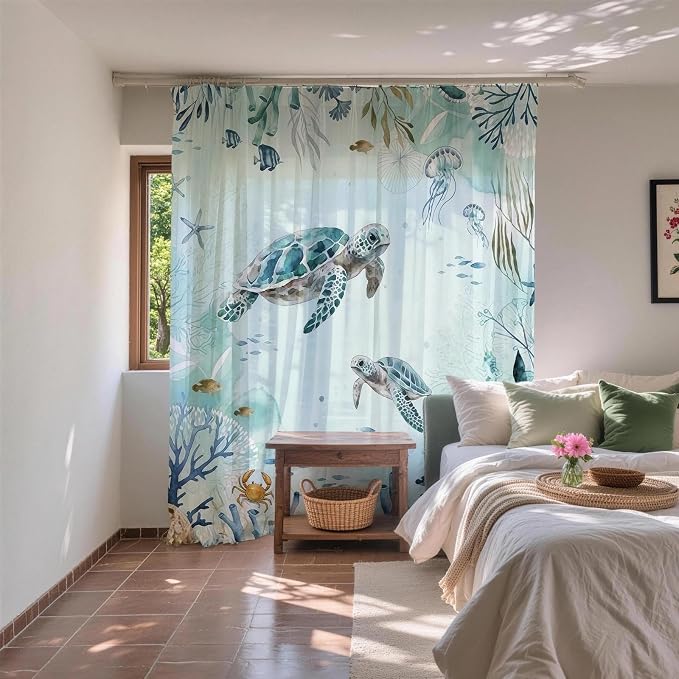 Ocean Cute Turtle Shower Curtain Nautical Modern Luxury Tropical Coral | Nature Shower Curtains for Bathroom, Waterproof Bath Curtain with Hooks Machine Washable Bathtub Curtains 36x72 Inch Blue