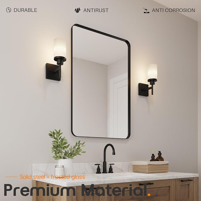 Wall Light Fixtures Matte Black Bathroom Vanity Lights Over Mirror with White Frosted Glass Shade, Wall Lamps for Porch Entrance, 2 Pack T001MB-L1-P2