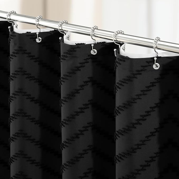 Dynamene Stall Shower Curtain and Liner Set - 54 inch Wide Boho Shower Curtain and Waterproof Clear Liner, Tufted Chevron Striped Textured Tassel Shower Curtains for Bathroom, 10 Hooks, 54x72, Black