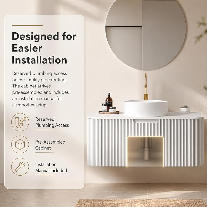 36 Inch Bathroom Vanity with Sink, Floating Wall Mounted Single Sink Vanity, White Curved Fluted Front, Stone Top, Pure White Round Vessel Basin, Pre-Assembled