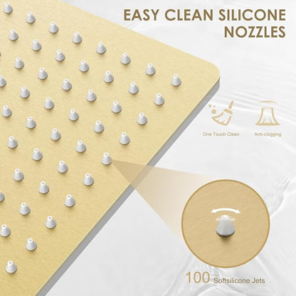 12 x 8 Inch Rectangle Rain Shower Head Brushed Gold, All Metal Stainless Steel 304, Full Body Rainfall Shower with 112 Silicone Nozzles, High Flow Waterfall Showerheads