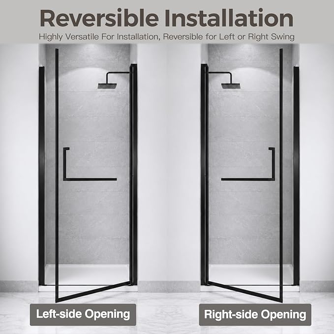 34-35.2" W x 72" H Single Frameless Pivot Swing Shower Door | 1/4" Clear SGCC Tempered Glass with a 30.2" walk-in opening, Matte Black Finish, Adjustable Width, Reversible Installation