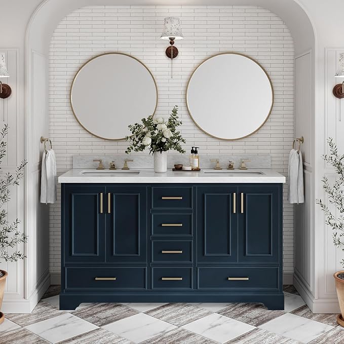 ARIEL Stafford 60-inch Bathroom Vanity with Sink,Solid Wood, 1.5-inch Italian Carrara Marble Countertop, Double Rectangular Porcelain Sink, 4 Soft Closing Doors, 6 Dovetail Drawers, Midnight Blue