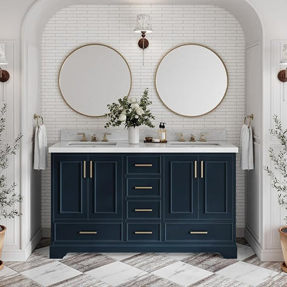 ARIEL Stafford 60-inch Bathroom Vanity with Sink,Solid Wood, 1.5-inch Italian Carrara Marble Countertop, Double Rectangular Porcelain Sink, 4 Soft Closing Doors, 6 Dovetail Drawers, Midnight Blue