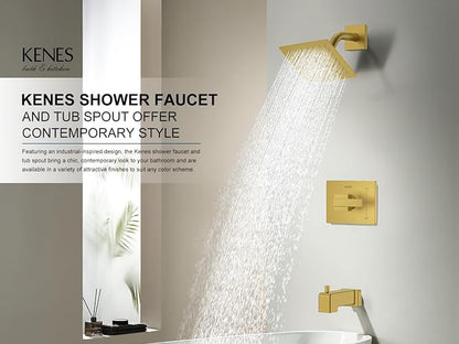 KENES Shower Set with Tub Faucet, Brushed Gold Tub Shower Faucet Set | Shower Faucet with 6-Inch Rain Shower Head, Square Shower System, Valve Included, Lead-Free cUPC & NSF Certified, Stainless