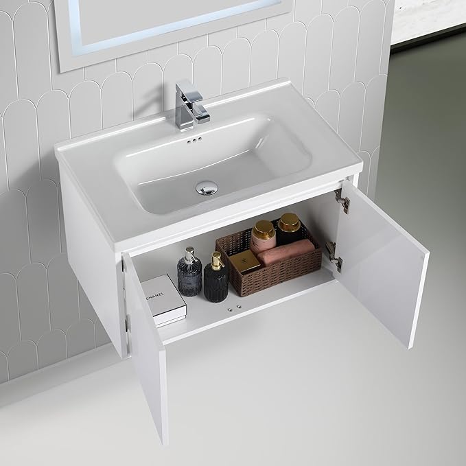 Blossom 32 Inch Wall Mounted Bathroom Vanity with Sink | Floating Wood Vanity Cabinet | Modern Soft-Close Doors & Storage | Ceramic Basin | Space-Saving Design (Glossy White, 32'' Ceramic Sink)