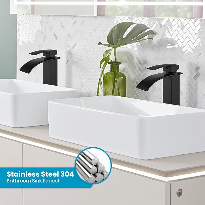 gotonovo Modern Waterfall Tall Bathroom Faucet 1 Hole, Matte Black | Vessel Sink Faucet Single Handle 304 Stainless Steel,Pop Up Drain,24" cUPC Supply Line,for Lavatory Vanity Restroom Basin RV