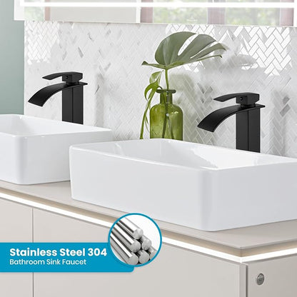 gotonovo Modern Waterfall Tall Bathroom Faucet 1 Hole, Matte Black | Vessel Sink Faucet Single Handle 304 Stainless Steel,Pop Up Drain,24" cUPC Supply Line,for Lavatory Vanity Restroom Basin RV