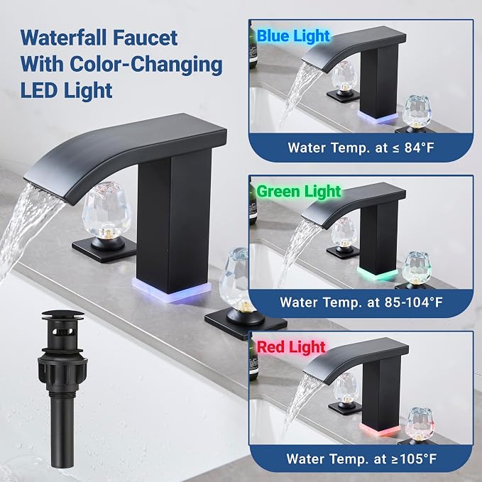 Bathroom Faucet 3 Hole, Matte Black Waterfall Bathroom Faucets, 8 Inch Widespread Modern Bathroom Sink Faucet & Parts, Wide Spread Touch On Three Hole 2 Handle Bathroom Vanity Faucet