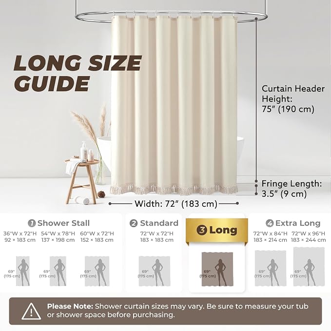 Linen Shower Curtain Boho Beige Shower Curtain with Tassels 72"W x 78"L | Thick linen-poly blend, soft textured drape, handcrafted fringe, neutral rustic farmhouse bathroom decor