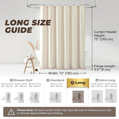 Linen Shower Curtain Boho Beige Shower Curtain with Tassels 72"W x 78"L | Thick linen-poly blend, soft textured drape, handcrafted fringe, neutral rustic farmhouse bathroom decor