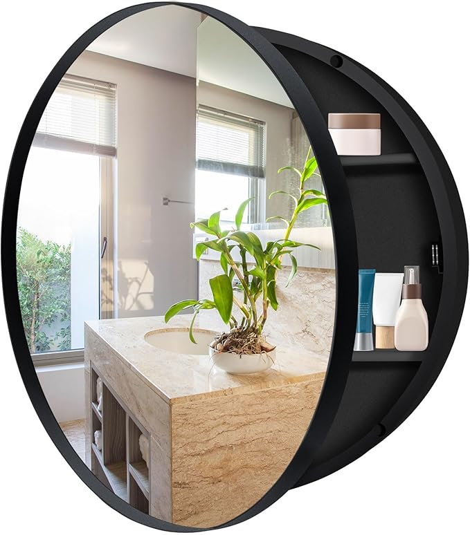 20 x 20 Inch Round Medicine Cabinet with Mirror, Surface Mount Only, Black Metal Frame Bathroom Mirror Cabinet, Modern Shatterproof Vanity Mirror with Storage