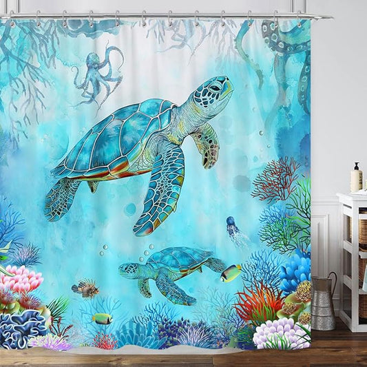 Sea Turtle Shower Curtain - Blue Ocean Underwater Marine Life With Octopus, Fish, Coral - Coastal Nautical Bathroom Decor - Hooks Included 72"X72" Blue