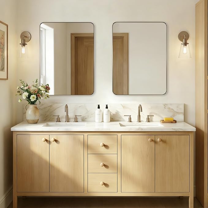 Brushed Champagne Bronze Mirrors for Bathroom Sink, 24x32 Inch Bathroom Vanity Mirror with Rectangular Metal Frame-Modern Clean Design with Superior Stainless Steel Frame