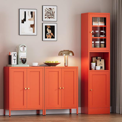 Bevivog Orange Metal Locker Cabinet with 2 Doors and 2 Adjustable Shelves, Small Accent Cabinet Bathroom Floor Storage Cabinets Short Sideboard for Entryway, Living Room, Hallway