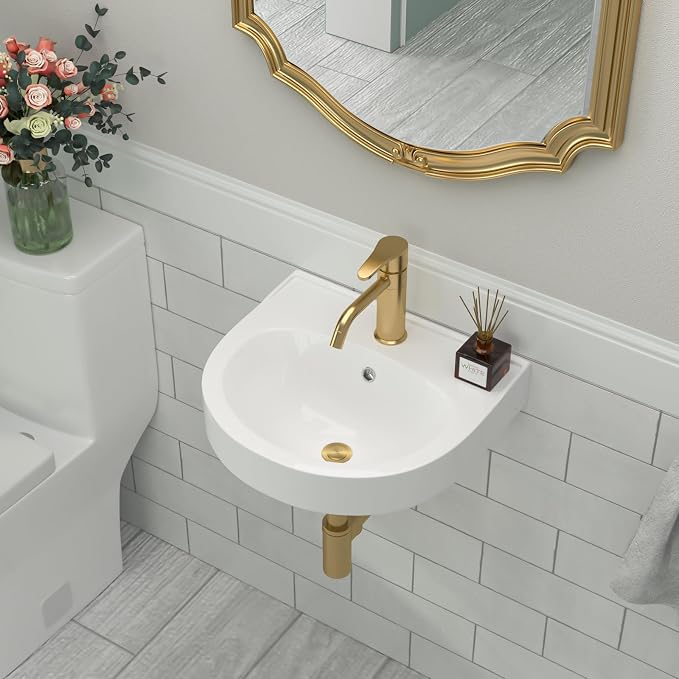 Wall Mount Bathroom Vessel Sink Space Saving | Beslend 16"x14" Inch White Ceramic Vessel Sink, Semi-Circular Bowl White Art Basin with Overflow and Single Hole