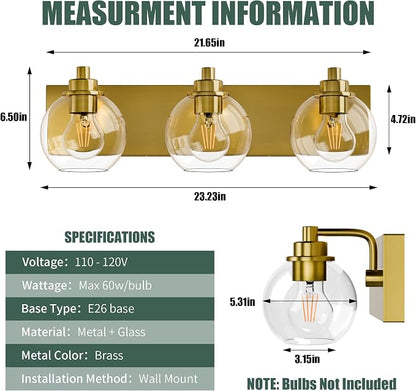 3 Light Bathroom Light Fixtures-Brushed Gold Bathroom Vanity Lights, Modern Vanity Lights 3-Light Bathroom Lighting Fixtures Over Mirror with Clear Glass Globe Shade