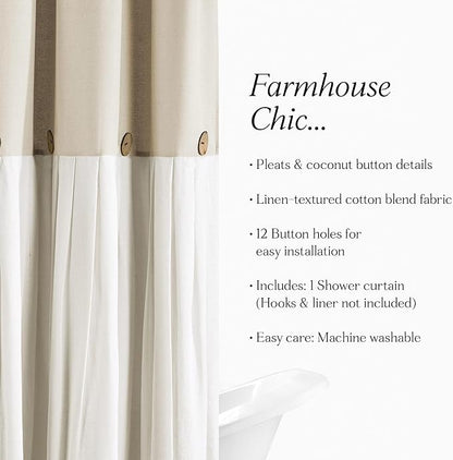 Lush Decor Linen Button Shower Curtain, 72" W x 72" L, Linen - Neural Shower Curtain Fabric - Bathroom Curtain - Farmhouse Bathroom Decor