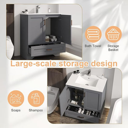 30 inch Bathroom Vanity with Sink, Modern Grey Vanity for Bathroom with Undermount Ceramic Sink, Freestanding 2-Door & 1-Drawer Storage Cabinet, for Small Bathroom Space, (Grey, 30")