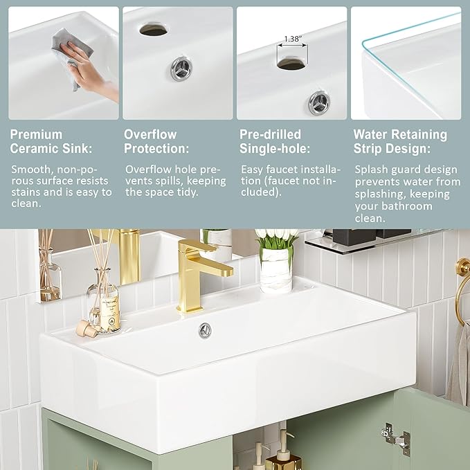 Merax 21.6" Bathroom Vanity, 21.6 Inch Freestanding Bathroom Vanity with Sink, Modern Vanity Floor Standing with 1 Door and White Ceramic Basin Sink Top, Green