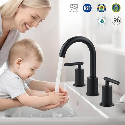 VXV Matte Black Bathroom Faucet 3 Hole Widespread with Easy Installation, 2-Handle 8 Inch Bathroom Sink Faucet 360° Swivel Spout, Pre-Attached Hoses & Drain Included, Vanity Faucet for Bath Sink