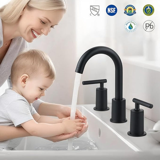 VXV Matte Black Bathroom Faucet 3 Hole Widespread with Easy Installation, 2-Handle 8 Inch Bathroom Sink Faucet 360° Swivel Spout, Pre-Attached Hoses & Drain Included, Vanity Faucet for Bath Sink