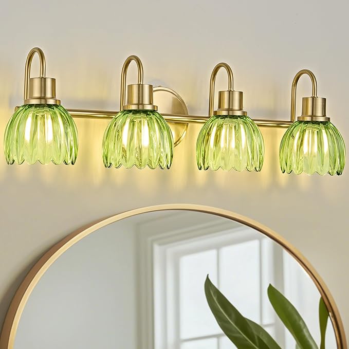 4-Light Bathroom Light Fixtures, 27" Vintage Gold Vanity Lights for Bathroom, Modern Vanity Lights with Ribbed Green Tulip Glass Shade, Wall Lamp for Mirror Living Room Hallway