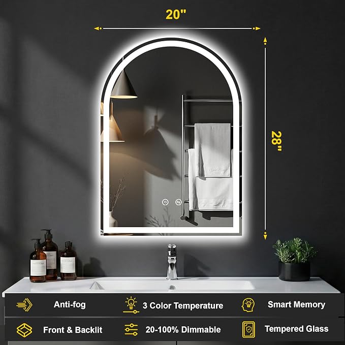Arched LED Bathroom Mirror with Lights, 20" x 28" Lighted Vanity Mirror | Anti-Fog, Dimmable 3 Colors, Backlit + Frontlit, HD Shatterproof Tempered Glass, Memory Function