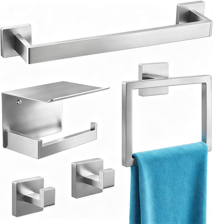 STWWO 5-Piece Bathroom Accessories Hardware Set Brushed Nickel | Stainless Steel Towel Racks for Bathroom, 16 Inch Bath Towel Bar Set Wall Mounted