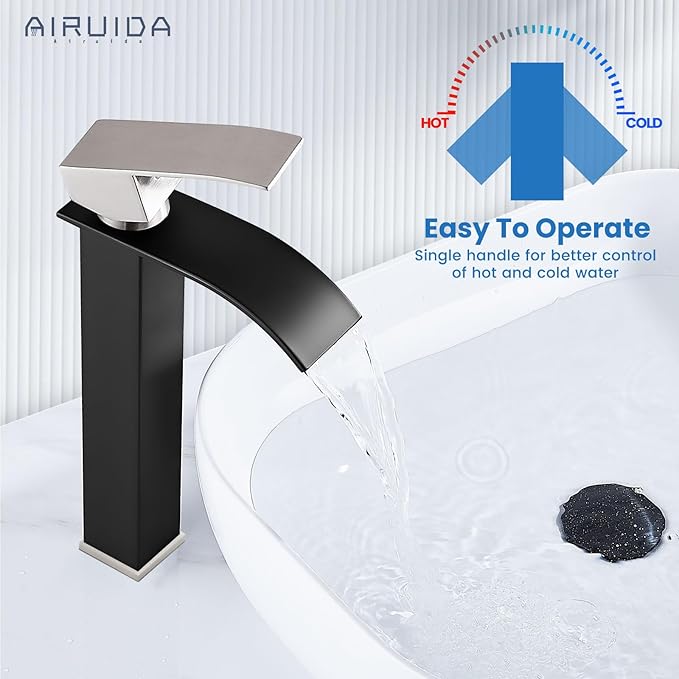 Airuida Vessel Sink Faucet Tall Waterfall Bathroom Fixtures Matte Black&Brushed Nickel Vanity Faucet for Sink 1 Hole Modern Lavatory Vessel Basin Faucet Deck Mount Single Handle Mixer Tap