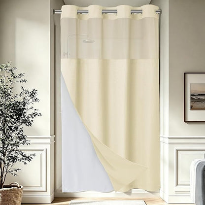 EUTXL Heavyweight Ivory Stall Hotel Shower Curtain with Detachable Liner - 256GSM Waffle Textured,Hotel Grade,Spa Like Bath Curtain,54W x 80H