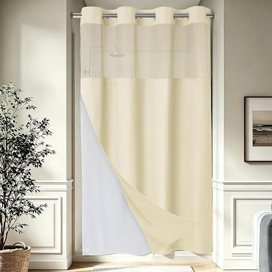 EUTXL Heavyweight Ivory Stall Hotel Shower Curtain with Detachable Liner - 256GSM Waffle Textured,Hotel Grade,Spa Like Bath Curtain,54W x 80H