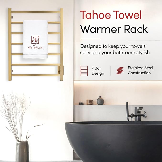 WarmlyYours Tahoe Heated Towel Rack, 7 Bars, Brushed Gold | Hardwired 120V heated towel rack for spa-like bathroom comfort, 427 BTU/hr, energy-efficient towel drying
